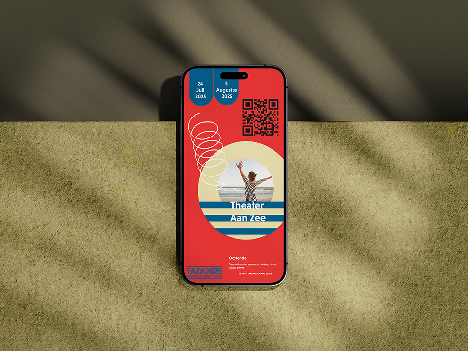 Een digitaal ticket voor het festival theater aan zee. in een smartphone mockup. De kleuren rood, geel, blauw gebruikt. Een witte pijl gebruikt en logo van theater aan zee staan ook er op onder aan in de hoek links branding kunstenfestival Oostende grafisch ontwerp