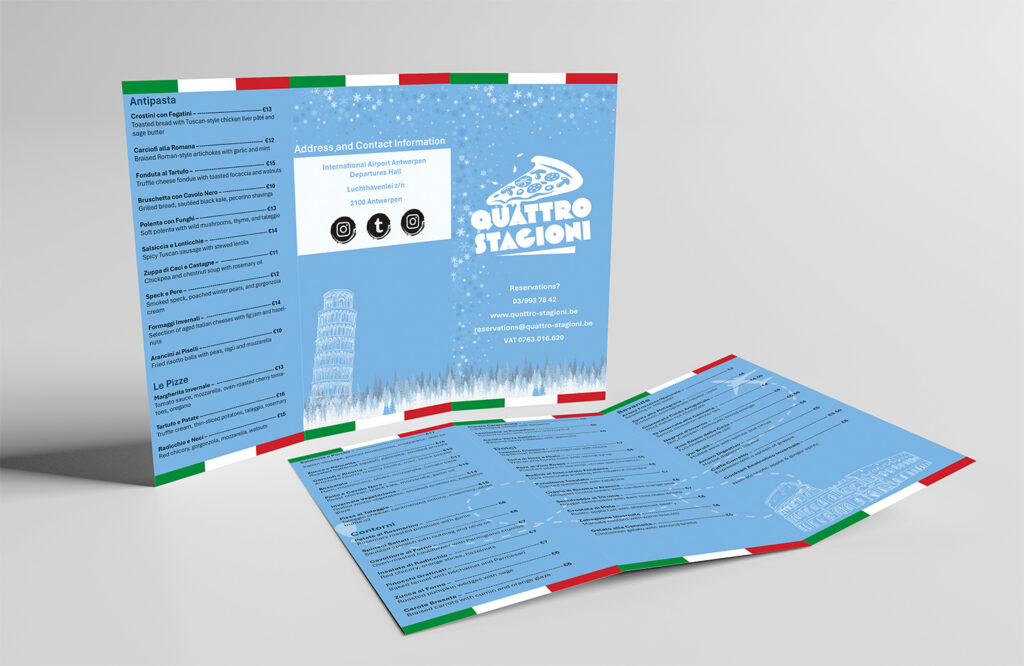 winter menukaart wit en blauwe kleur kerstbomen, sociale media logo's de vlag van italie 