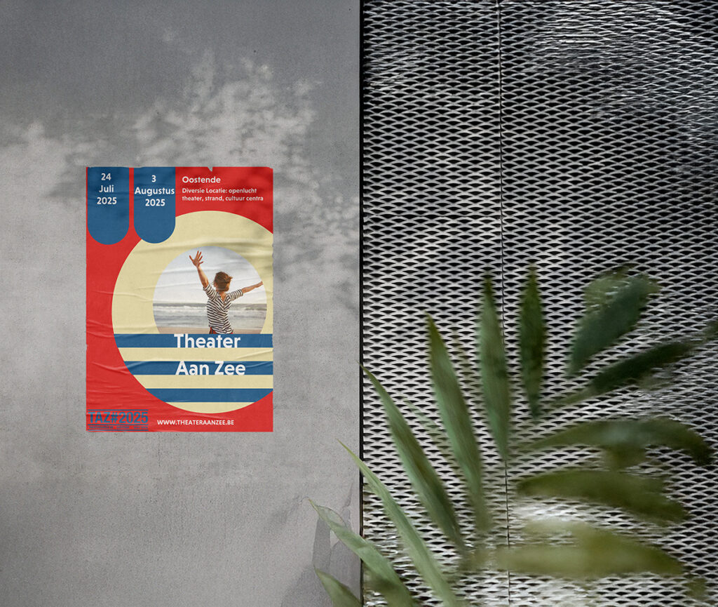 Poster van theater aan zee; een vrouw die dans aan de zee, rode en gele en blauw kleur. blauwe strepen, en gele cirkel Branding kunstenfestival Oostende affiche