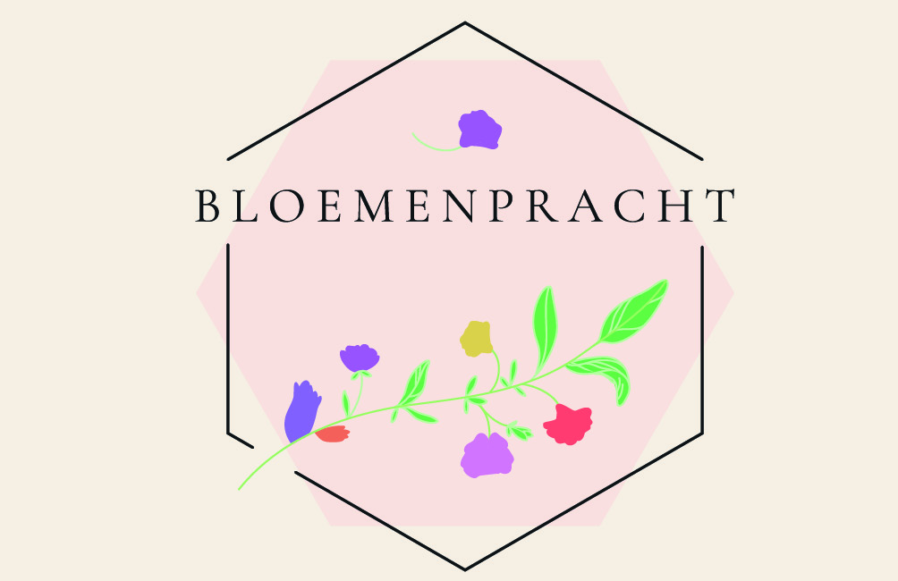 lichte achtergrond, met het logo van bloemenpracht, en zeshoek logo, dan een kleurrijke bloem in verschillende kleuren paars rood geel een groene blaadjes