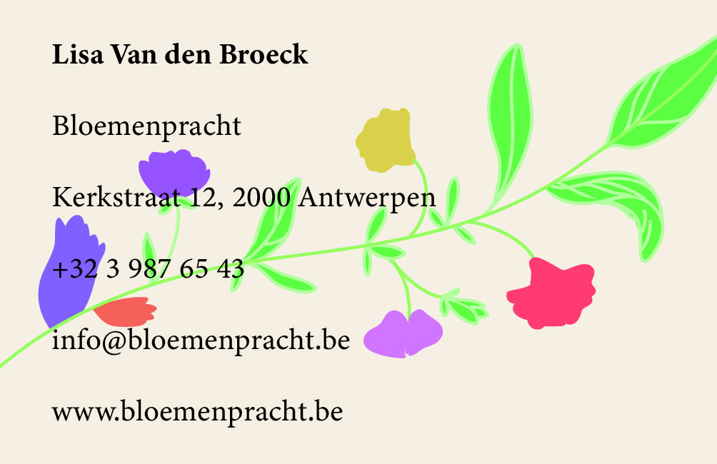Visitekaart Bloemenpracht grafisch ontwerp
Ontwerp van de visitekaart Bloemenpracht
Professionele visitekaart voor bloemenwinkel Bloemenpracht