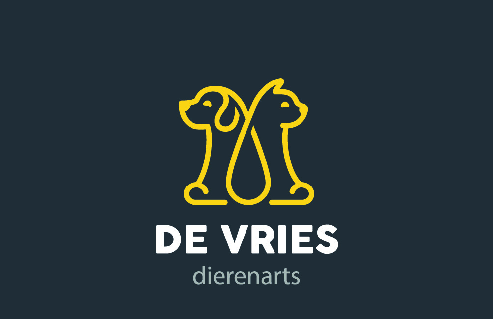 het logo van de dierenarts met kat en hond het logo is en en achtergrond grijs en dan een witte kleur voor het lettertype waar dierenarts devries op staat