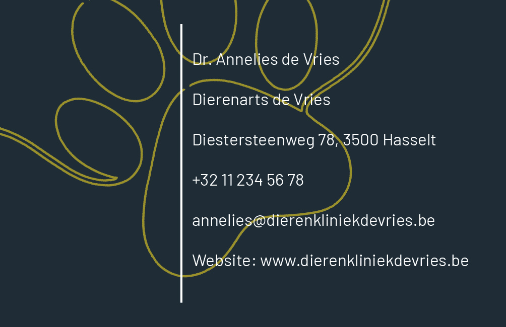 Grijze achtergrond gele hondenpoot op de achtergrond en Wit streepje voor de onderscheid en dan nog de gegevens van de dieren arts